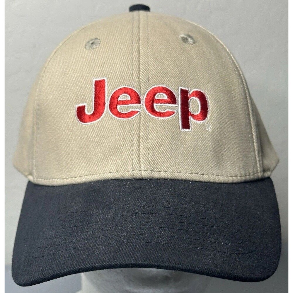 JEEP Baseball Cap - Two-Tone Tan & Black w/ Red Embroidered Logo Adjustable NWOT